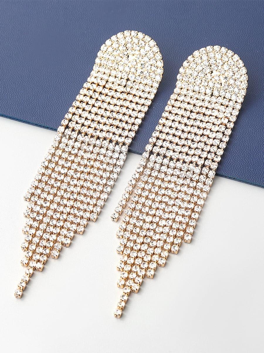 CHAIN ALLOY INLAY STONE LONG TASSEL EARRINGS