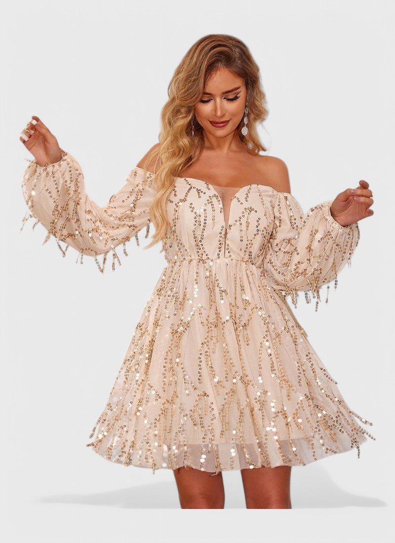 FRINGED SEQUIN OFF-SHOULDER MINI DRESS