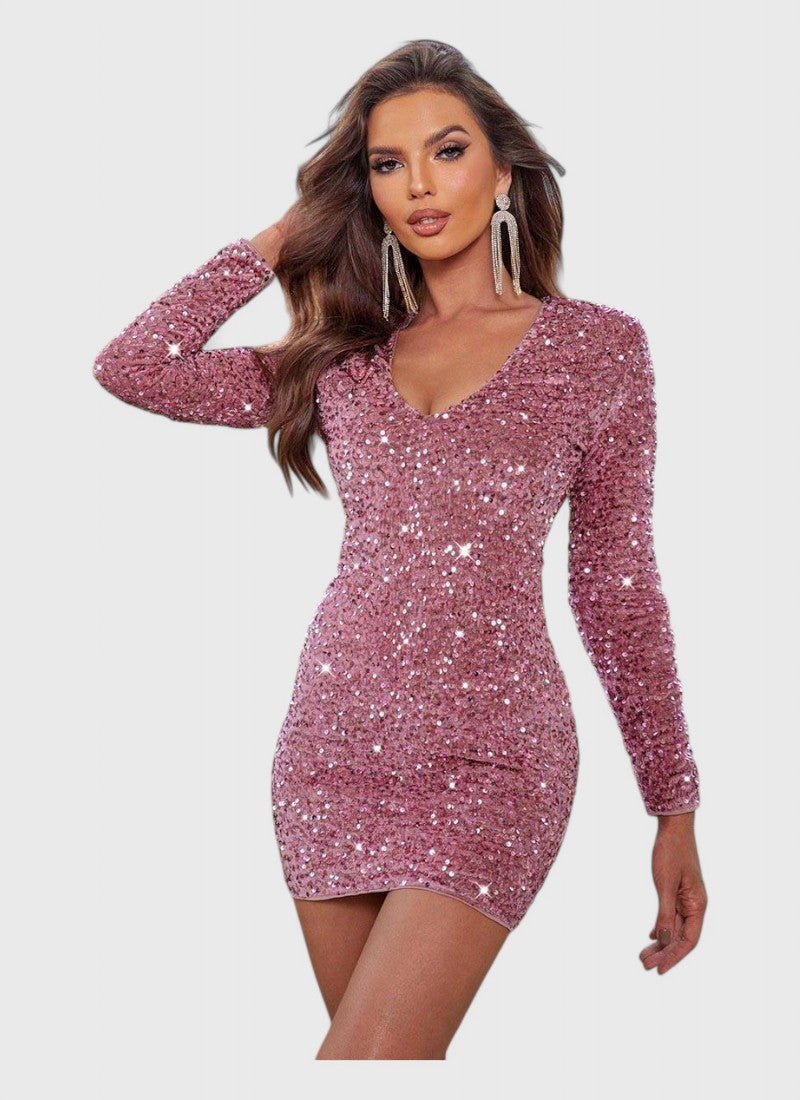 SEQUIN LONG SLEEVE V-NECK MINI DRESS