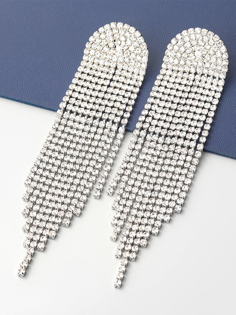 CHAIN ALLOY INLAY STONE LONG TASSEL EARRINGS