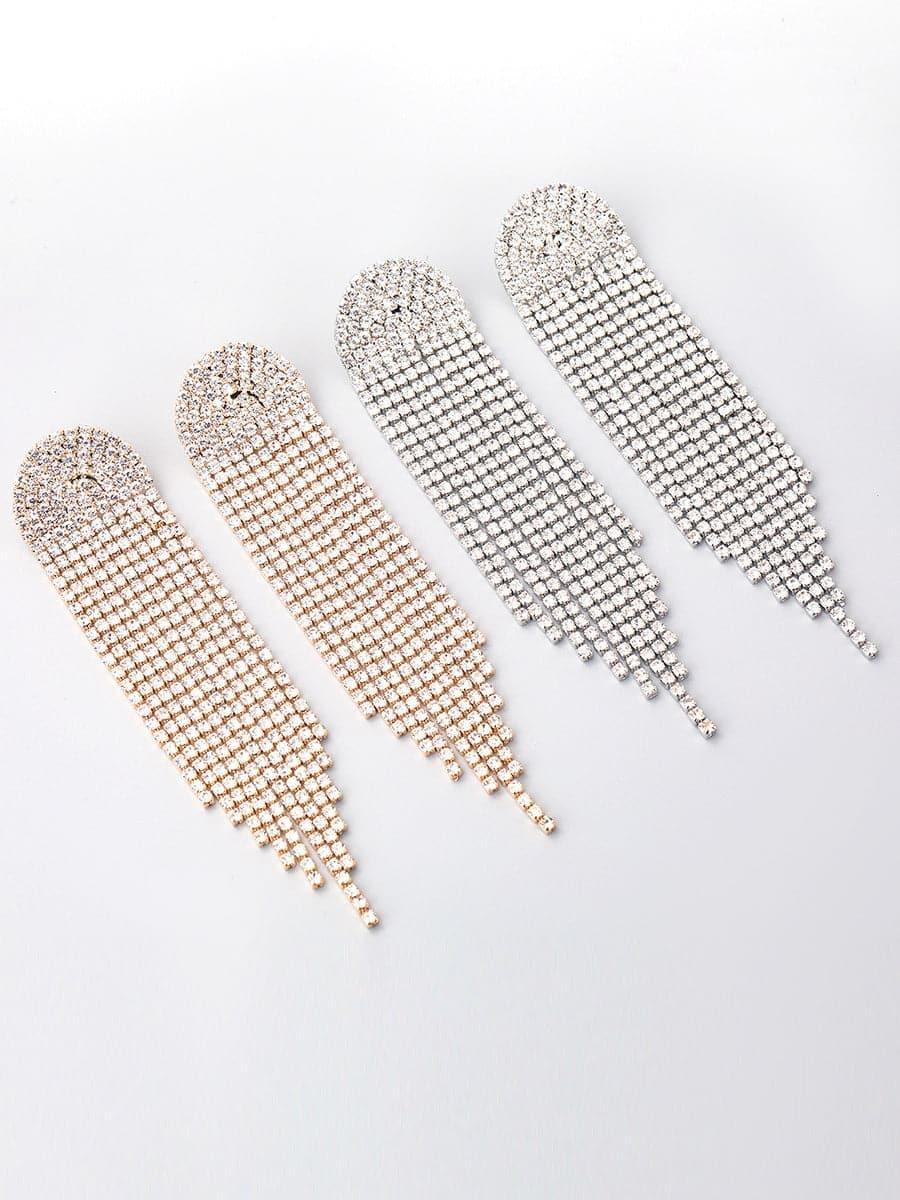 CHAIN ALLOY INLAY STONE LONG TASSEL EARRINGS