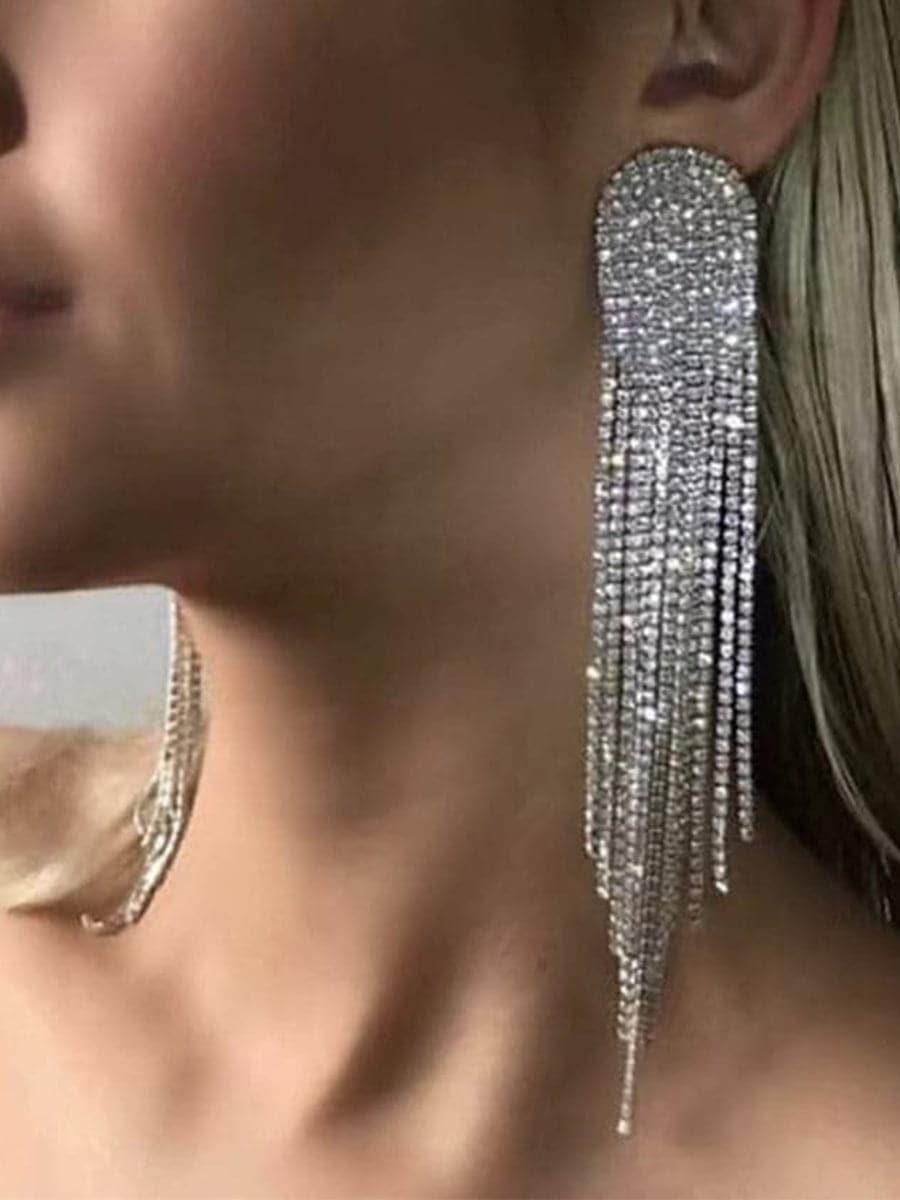 CHAIN ALLOY INLAY STONE LONG TASSEL EARRINGS
