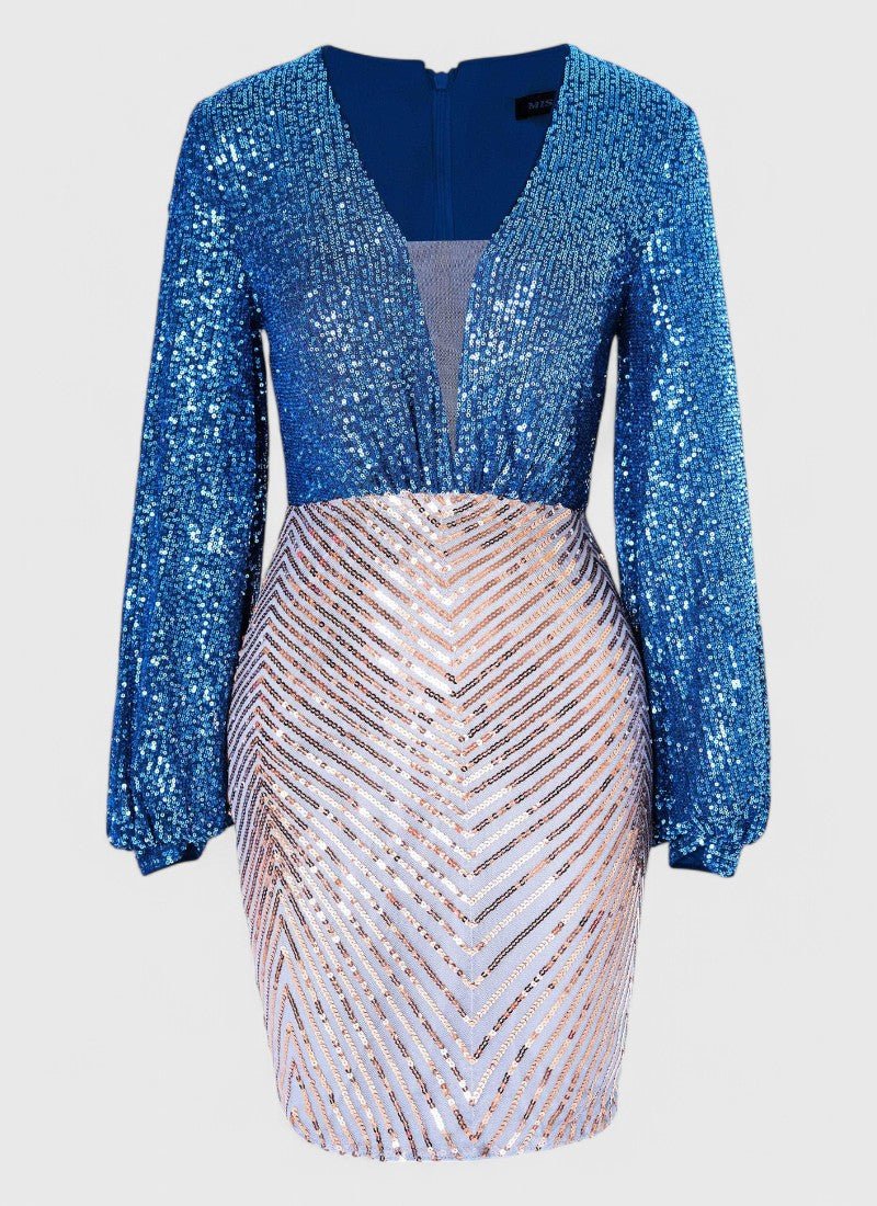 DEEP V-NECK BLUE SEQUIN MINI DRESS