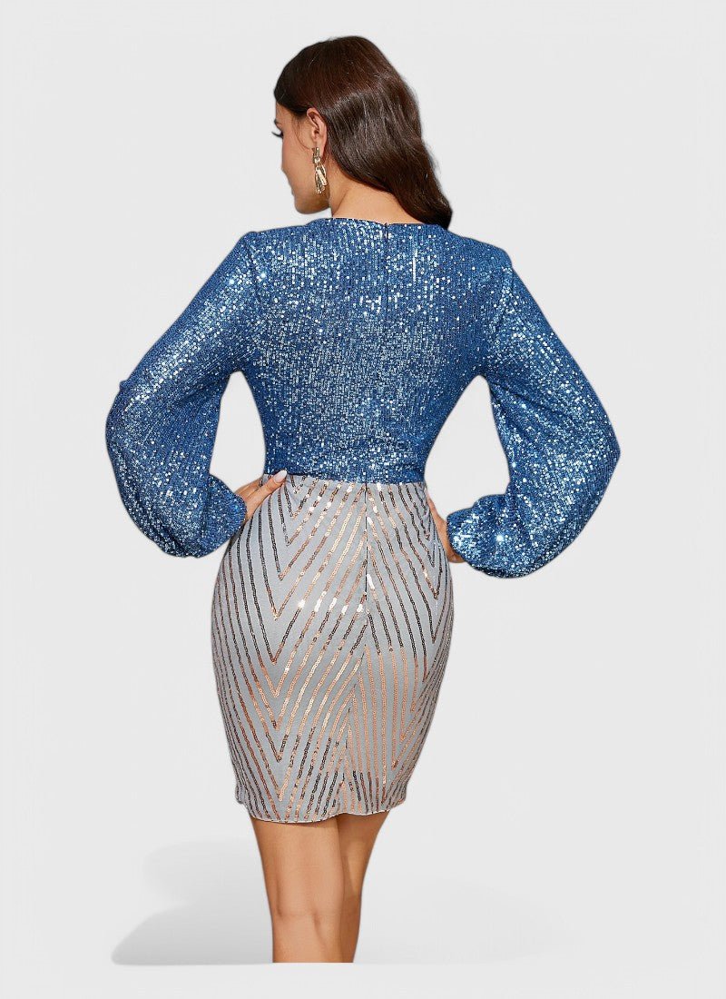 DEEP V-NECK BLUE SEQUIN MINI DRESS