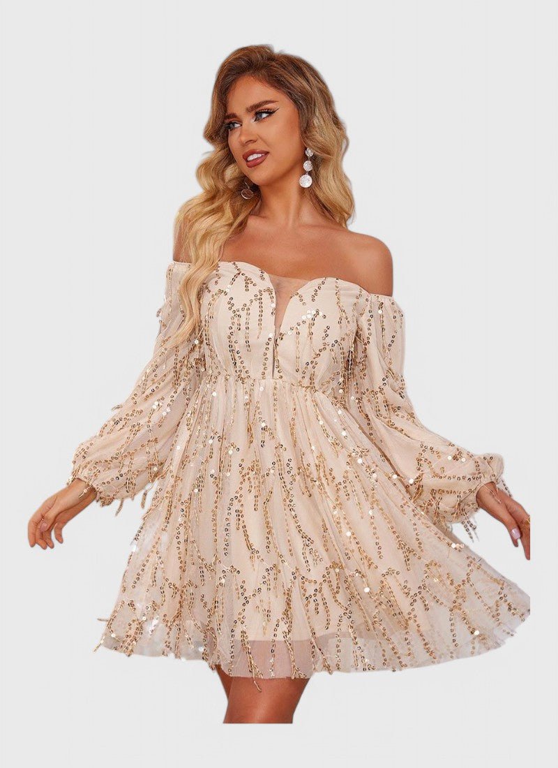 FRINGED SEQUIN OFF-SHOULDER MINI DRESS