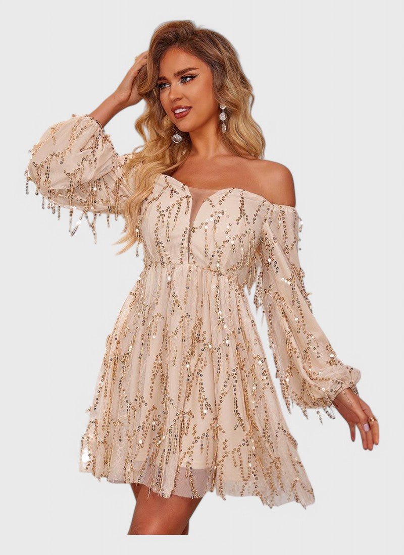 FRINGED SEQUIN OFF-SHOULDER MINI DRESS