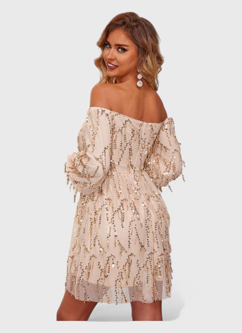 FRINGED SEQUIN OFF-SHOULDER MINI DRESS