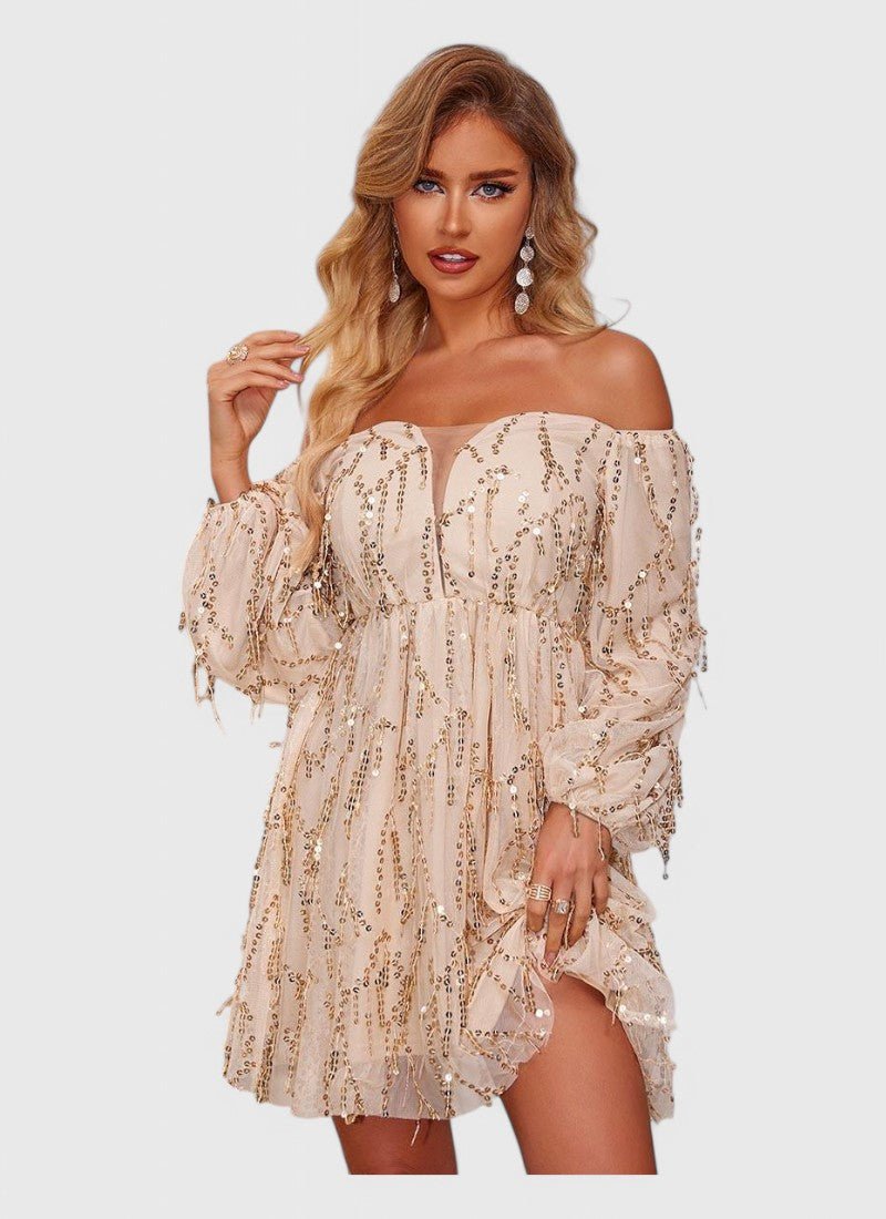 FRINGED SEQUIN OFF-SHOULDER MINI DRESS