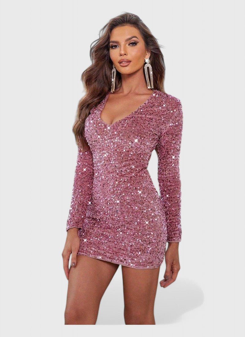 SEQUIN LONG SLEEVE V-NECK MINI DRESS