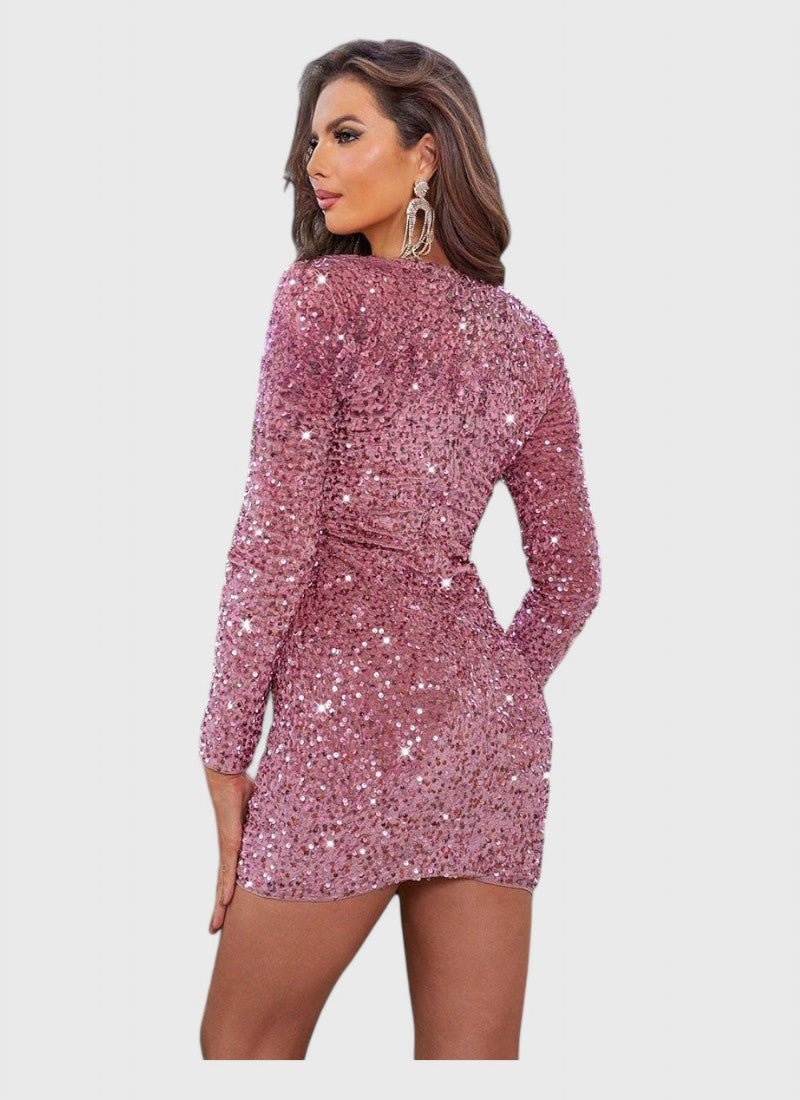 SEQUIN LONG SLEEVE V-NECK MINI DRESS