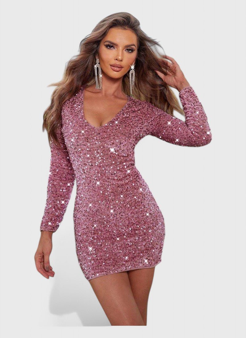 SEQUIN LONG SLEEVE V-NECK MINI DRESS