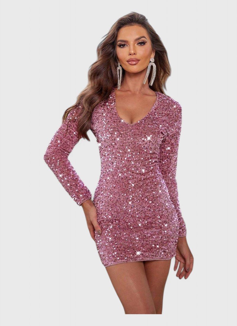 SEQUIN LONG SLEEVE V-NECK MINI DRESS