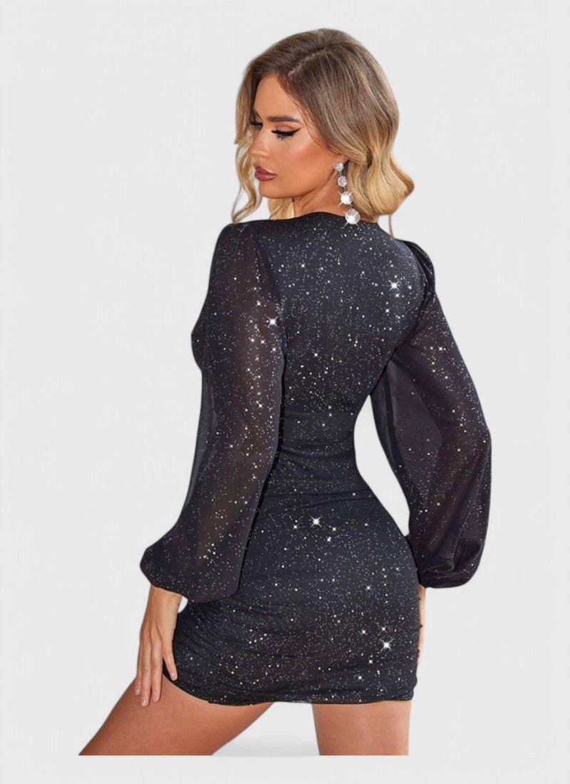 V-NECK RUCHED LONG SLEEVE GLITTER DRESS