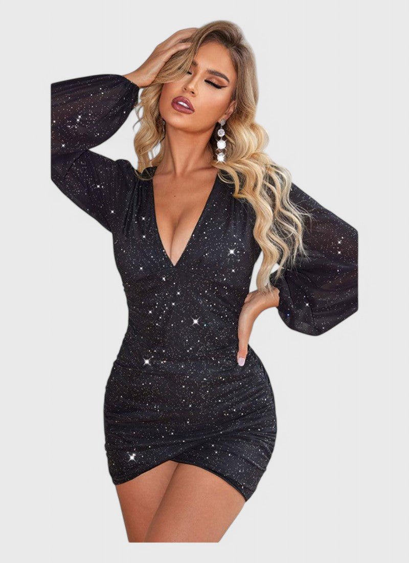 V-NECK RUCHED LONG SLEEVE GLITTER DRESS