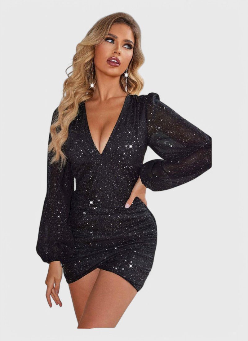 V-NECK RUCHED LONG SLEEVE GLITTER DRESS