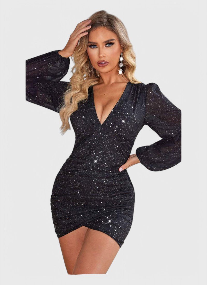 V-NECK RUCHED LONG SLEEVE GLITTER DRESS